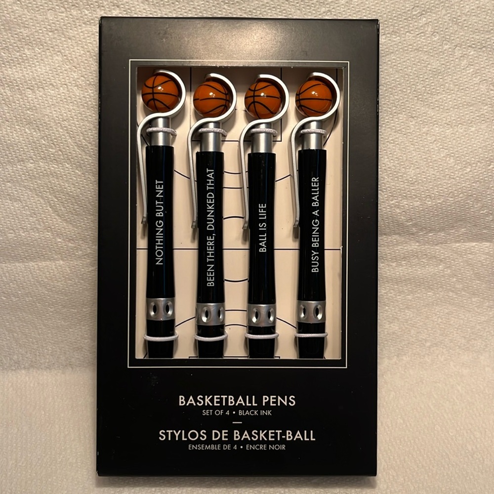 Indigo Basketball Pens Set of 4 Black Ink. With sayings. Boxed.